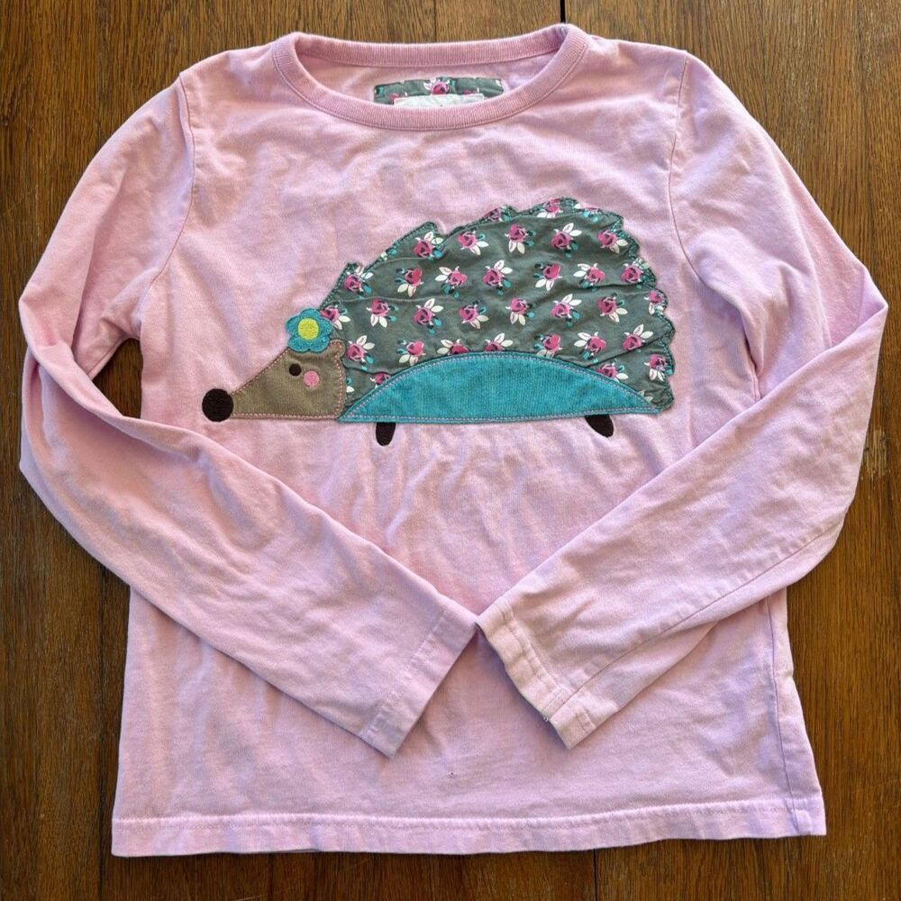 Mini Boden 9-10 Girls Shirt Pink Bow Graphic Hedgehog Animal Cute Applique